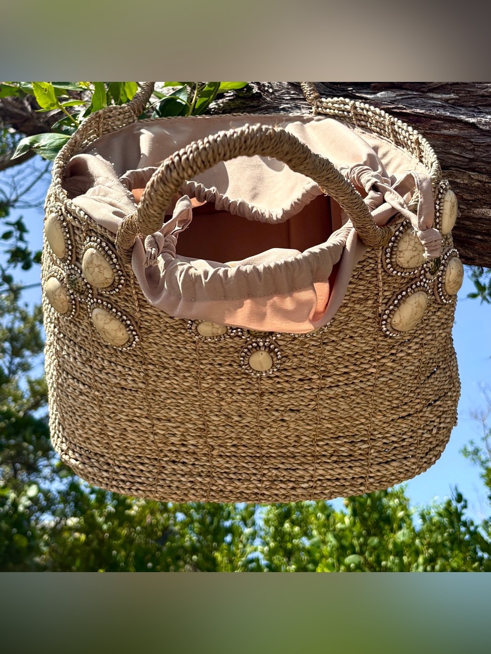 Skēmo Large Woven Straw Bag Luxury Stones Bling Double Handle Tote Designer Rare - Picture 12 of 15